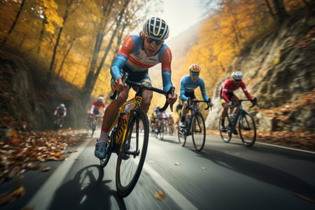 Cyclists riding on the road in the autumn forest. Cycling raceの素材