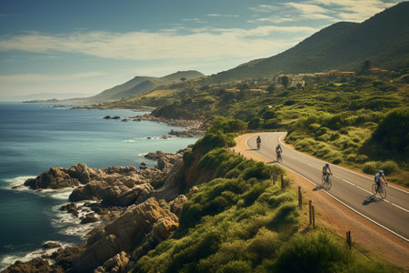 Cyclists on the road to the sea in California, USAの素材
