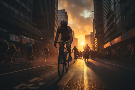 Cyclist riding on the road in the city at night.の素材