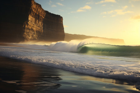 Beautiful landscape with ocean wave on the sunset. 3d renderingの素材