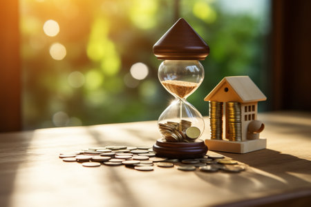 Hourglass and house model with coins on wooden table. Time is money concept.の素材