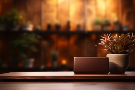 Wooden shelf with houseplant in pot on wooden table in cafeの素材