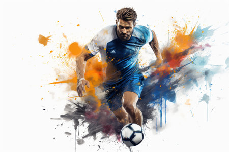 Soccer player in action on white background with colorful splashes.の素材