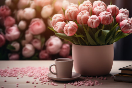 Bouquet of pink tulips and cup of coffee on wooden tableの素材