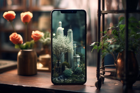 Smartphone with the image of an artificial garden on the screen.の素材