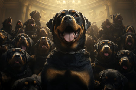 Rottweiler in front of a group of other dogs in a dark roomの素材