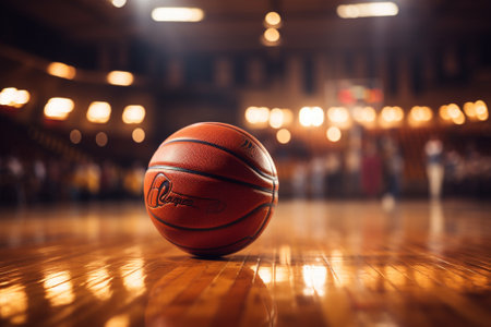 Basketball ball on the floor in the gym. 3d renderingの素材