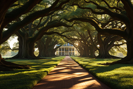 Old oak trees in the park at sunset, New Orleans, Louisianaの素材