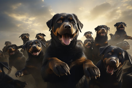 Group of Rottweiler puppies on the background of the sunsetの素材