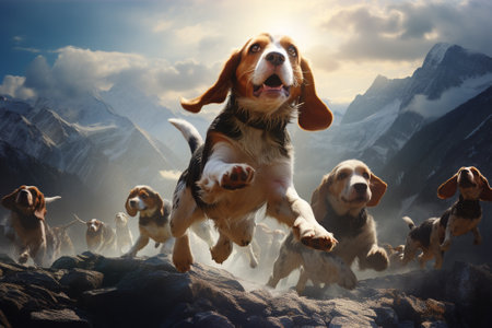 Beagle dog jumping high in the mountains. Dog jumping in the sky.の素材