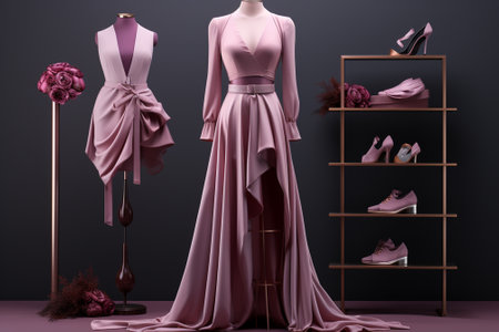 Wedding dress and shoes on a mannequin in studioの素材