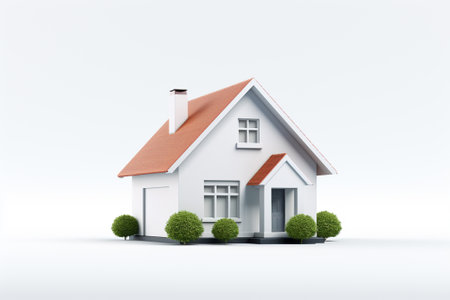 3d rendering of a house on a white background with green plantsの素材