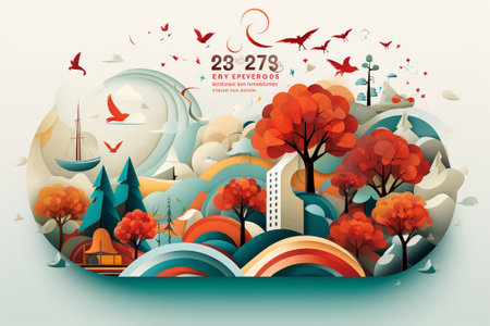 Autumn city landscape. Paper art style. Vector Illustration.の素材