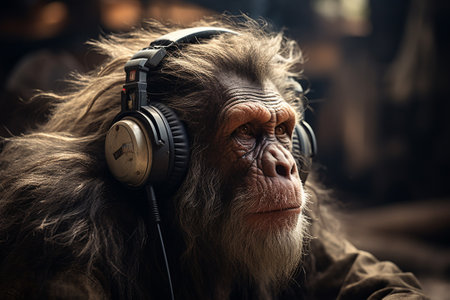 Portrait of a monkey with headphones listening to music on a dark backgroundの素材