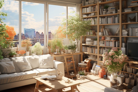 Living room interior with comfortable sofa and bookshelf on windowsillの素材