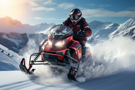 Snowmobile rider moving fast in high mountains. Snowmobiling concept.の素材