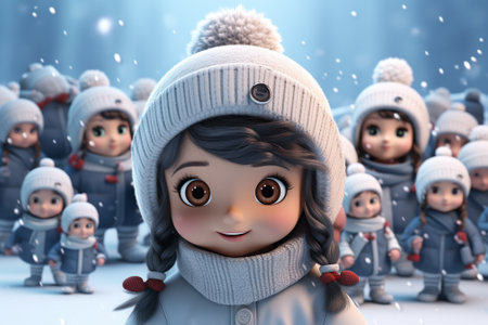 3d render of a group of children in winter clothes with snowflakesの素材