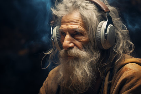 Portrait of an old man listening to music with headphones on a dark background.の素材