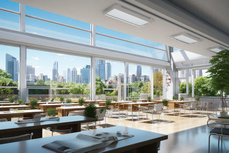 Interior of a cafe with a large window overlooking the city. 3d renderingの素材