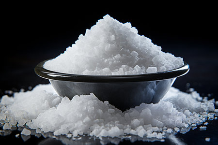 Salt in a bowl on a black wooden table (close-up shot)の素材