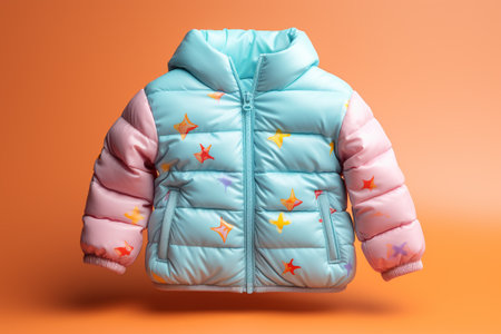 Children's winter jacket on an orange background. 3d rendering.の素材