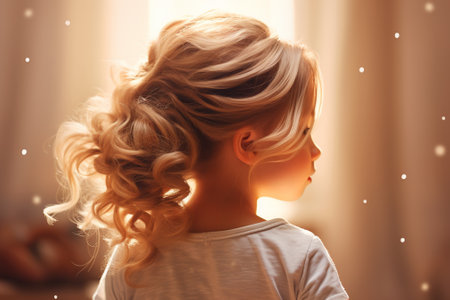 Little girl with curly hair at home, closeup. Christmas conceptの素材