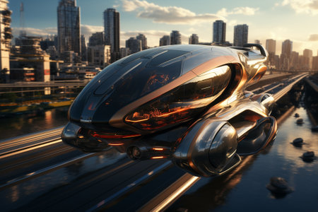 3D rendering of a futuristic car on the road in the cityの素材