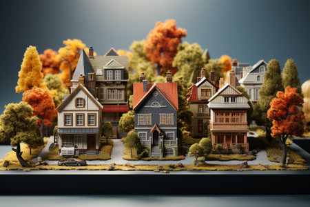 Miniature city with trees and houses. 3d illustration. Copy space.の素材