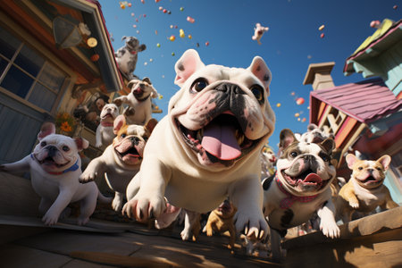 Group of funny french bulldog puppies playing on the playground. Selective focus.の素材