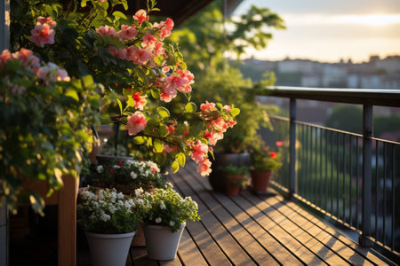 Beautiful flowers on the terrace of a house in the eveningの素材