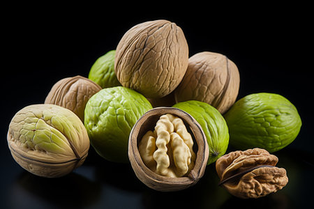 Walnuts and whole walnuts on a black background close-upの素材