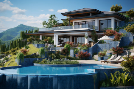 3d rendering of modern cozy house with pool and parking for sale or rent. Beautiful landscaping on background. Clear sunny summer day with blue sky.の素材