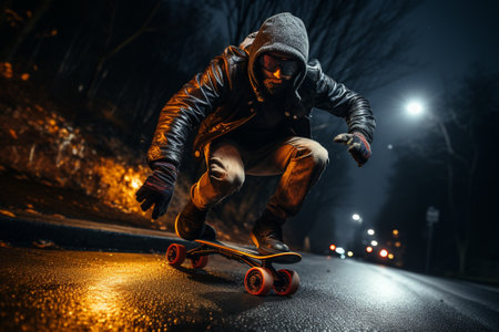 Skateboarder riding a longboard on the road at nightの素材