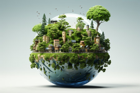 Little planet with houses and trees. Eco concept. 3D renderingの素材