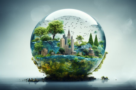 Ecology concept. Eco city in a glass ball. 3D renderingの素材