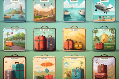 Travel and tourism icons set with suitcase and luggage on smartphone screen vector illustrationの素材