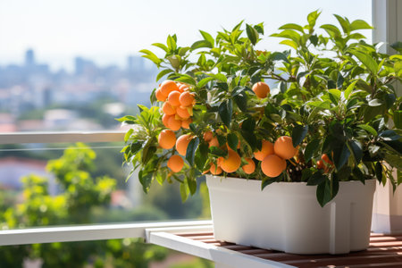 Oranges in a pot on a balcony with a view of the cityの素材