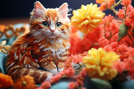 Cute ginger cat with flowers on blue background, close-upの素材