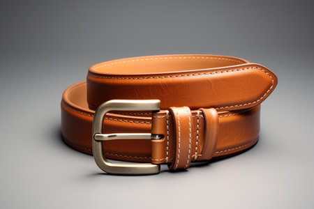 Brown leather belt isolated on gray background. 3d render illustration.の素材