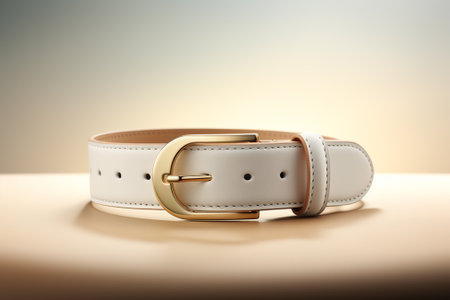 Men's belt with a gold buckle on a beige background.の素材