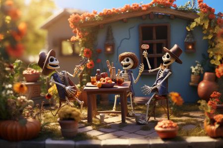 Halloween decoration with pumpkins and scarecrows in the gardenの素材