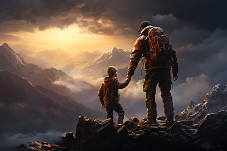 Father and son hiking in mountains at sunset. Traveling with children conceptの素材