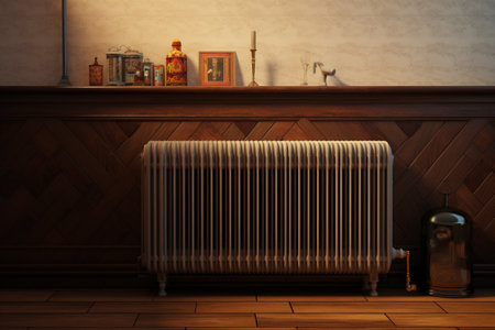 3d rendering of a radiator in a cozy room with wooden floorの素材