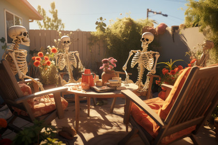 Skeletons and flowers on the table in the garden.の素材