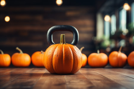 Pumpkin and kettlebell on wooden background. Halloween concept.の素材