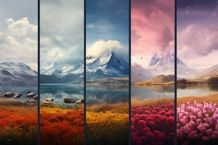 Mountain landscape with flowers and lake. Collage of different seasons.の素材