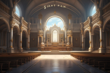 Conceptual image of a church interior with stained glass windows.の素材