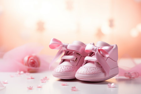 Pair of pink baby shoes with pink ribbons and pink roseの素材
