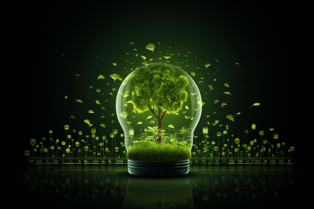 Ecology concept with green tree in glass lightbulb on dark backgroundの素材