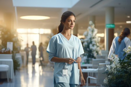 Portrait of a young female nurse standing in a hospital corridor.の素材